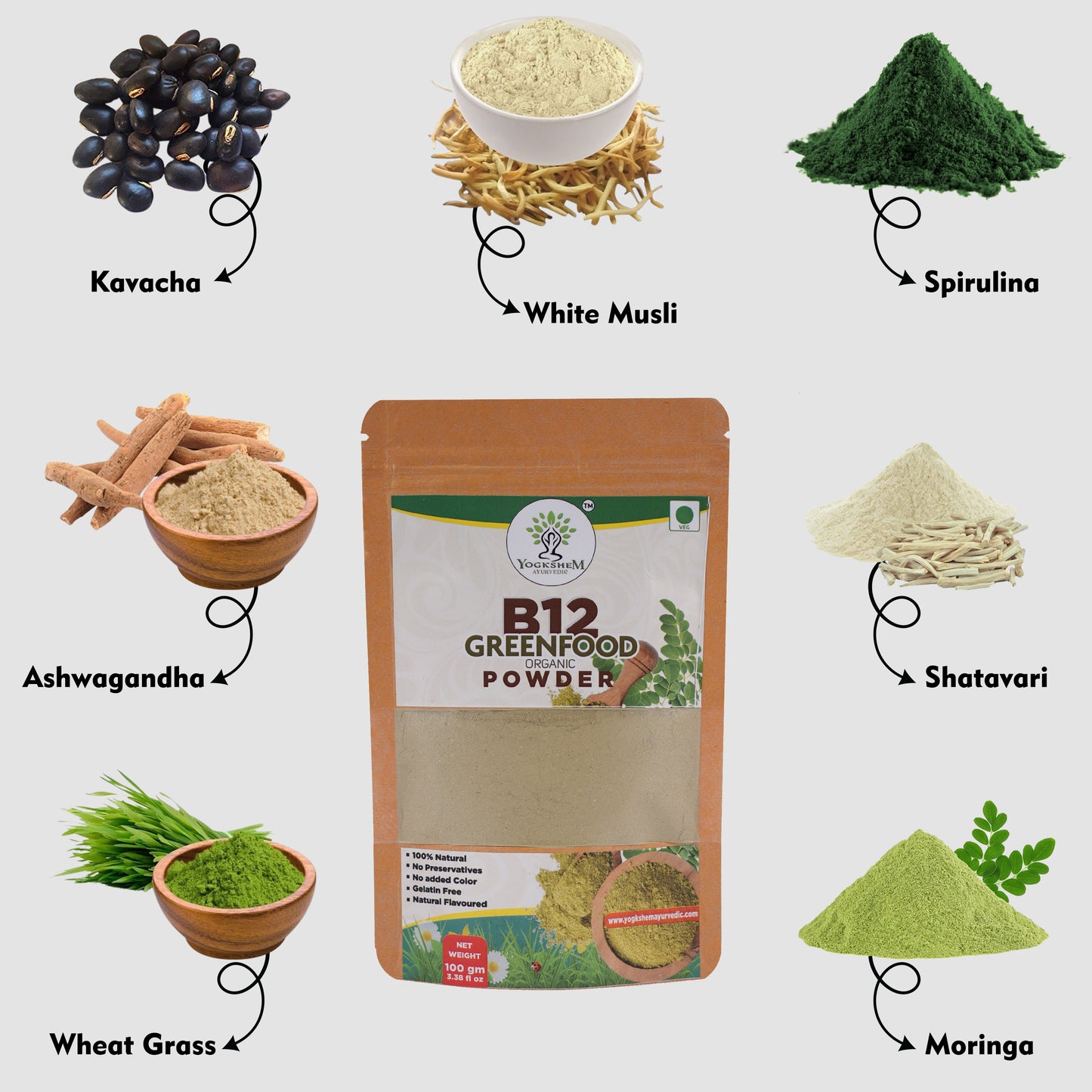 B12 Greenfood Powder package with various health ingredients displayed around it on a light gray background.